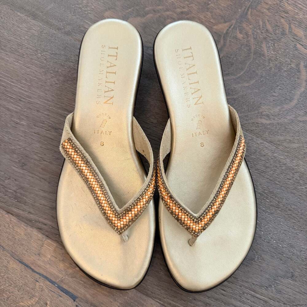 Italian Shoemakers Wedge Sandal Woven Beaded Strap Thong Flip Flop - Sz 8, New! - Picture 2 of 6